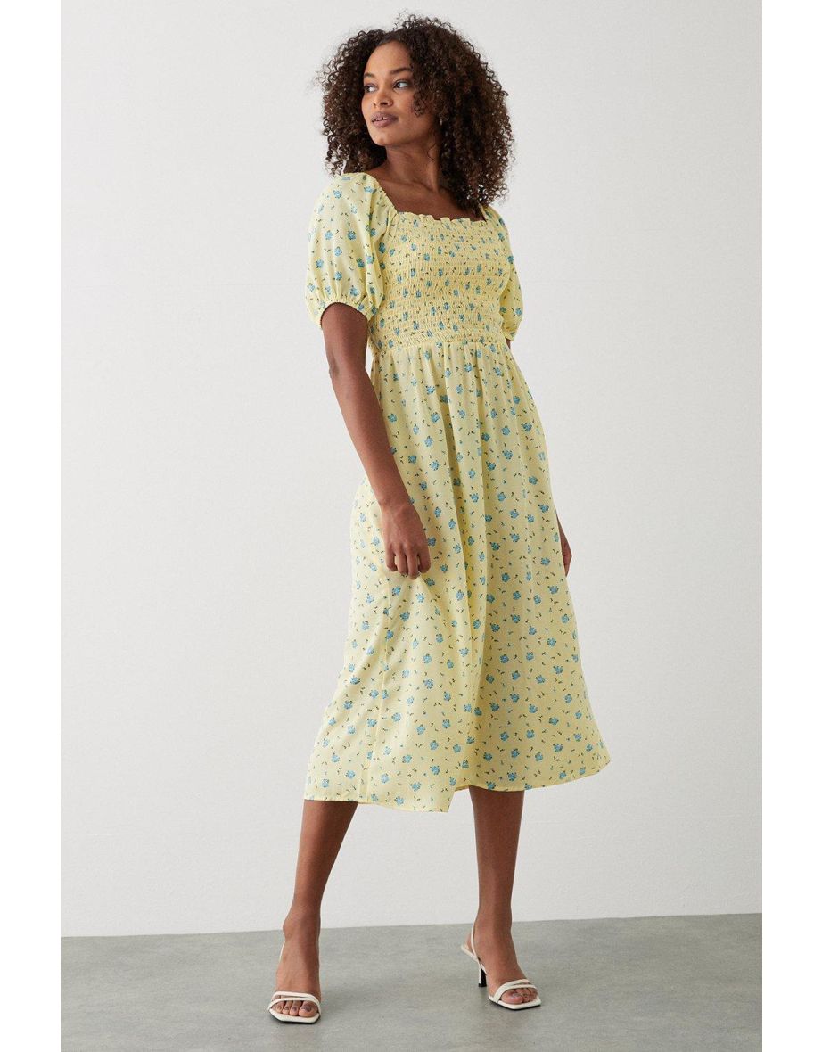 Yellow Ditsy Floral Shirred Midi Dress