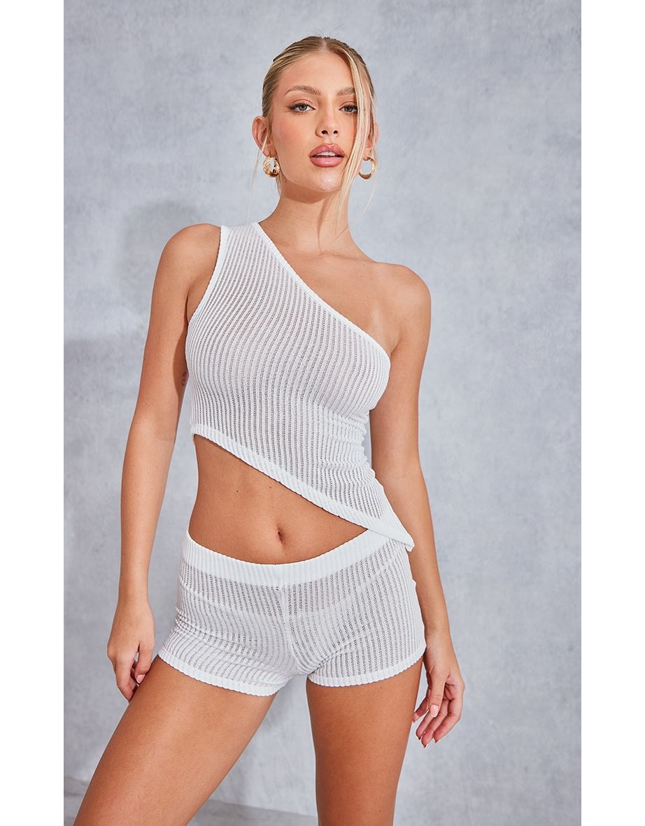 White Sheer Soft Rib One Shoulder Asymmetric Top