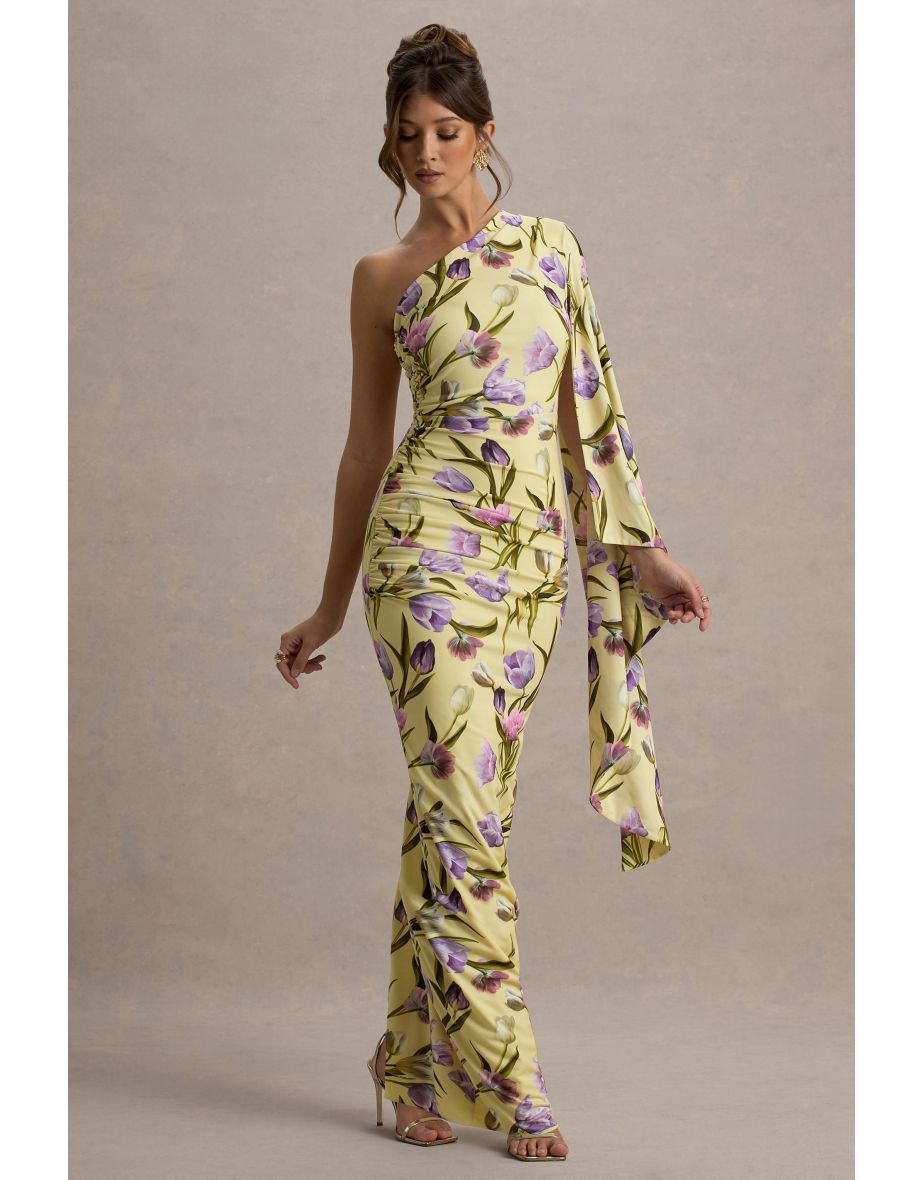 Clementina | Tulip Floral Print Asymmetric Cape Sleeve Maxi Dress - 5