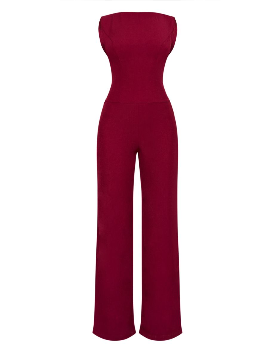Burgundy Structured Woven Open Back Detail Straight Leg Jumpsuit - 4