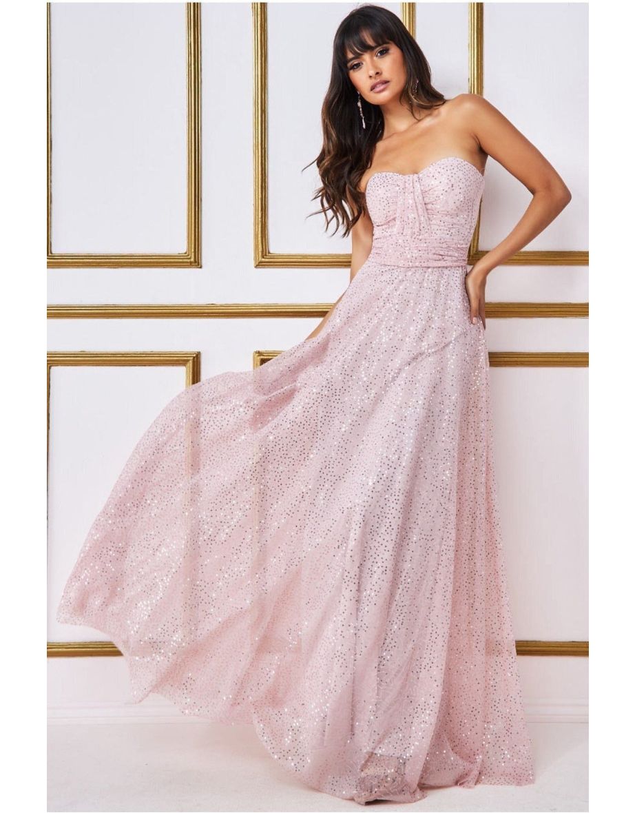 Goddiva Bandeau Sequin & Mesh Maxi Dress - Blush