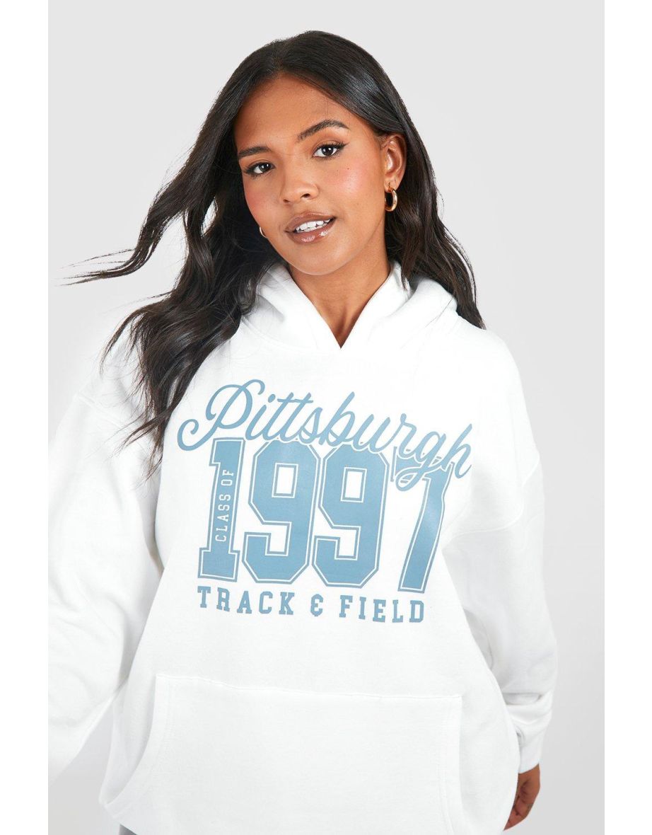 Plus Pittsburgh Slogan Printed Hoodie - ecru - 3