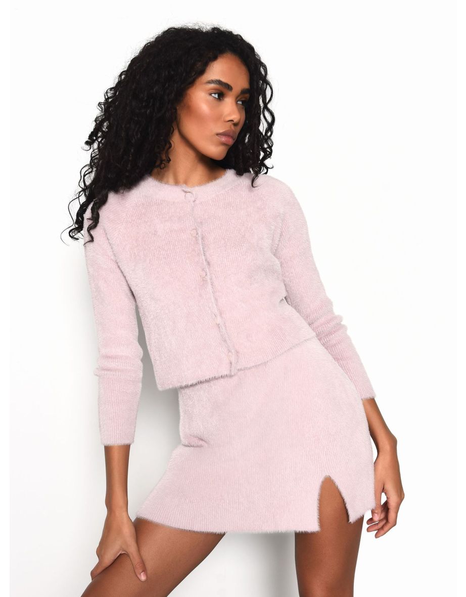 Pale Pink Cropped Long Sleeve Fur Cardigan - 2