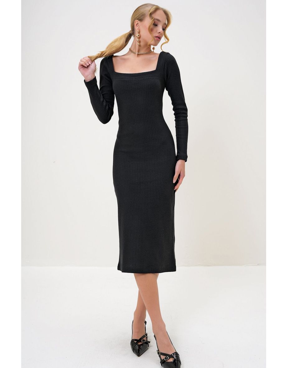 Women's Black Square Neck Long Sleeve Midi Length Interlock Fabric Dress