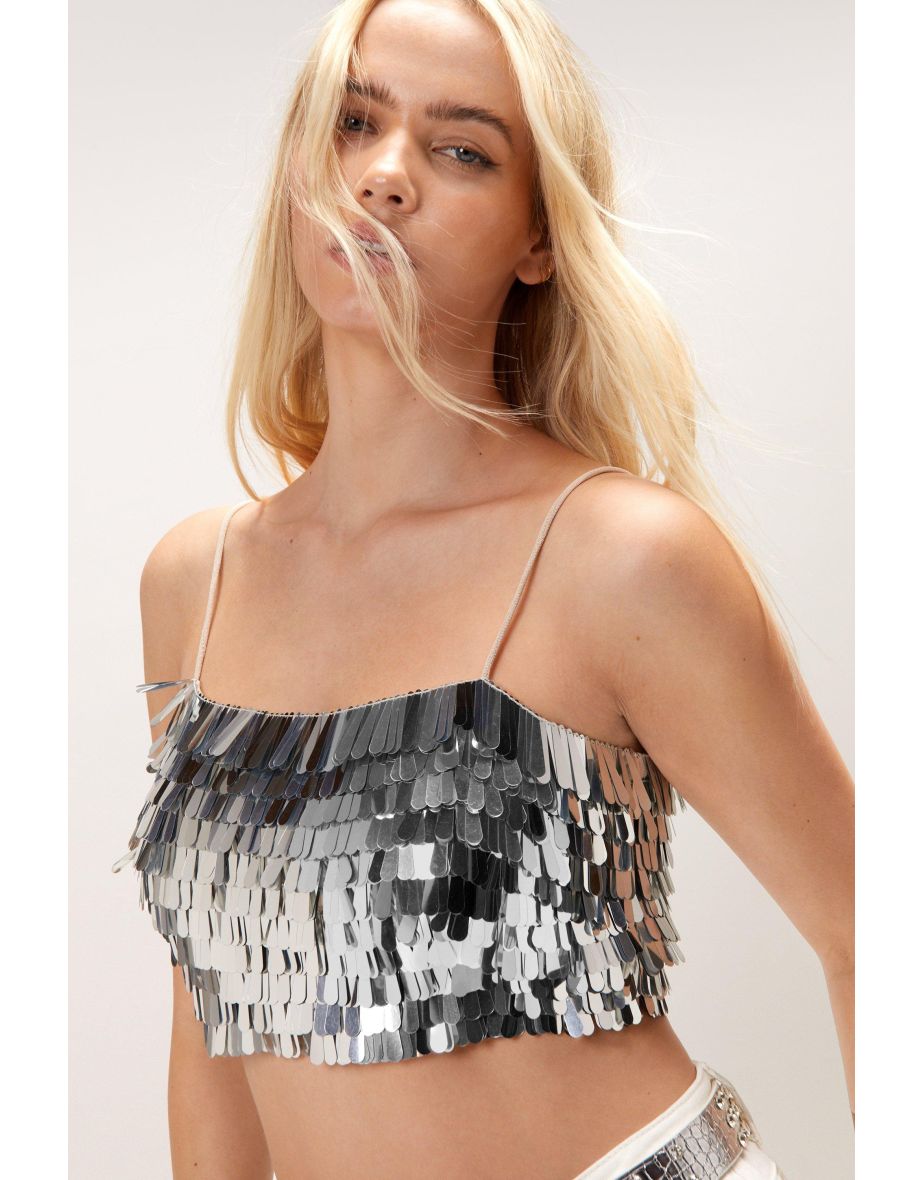 Silver Embellished Tassel Sequin Crop Top