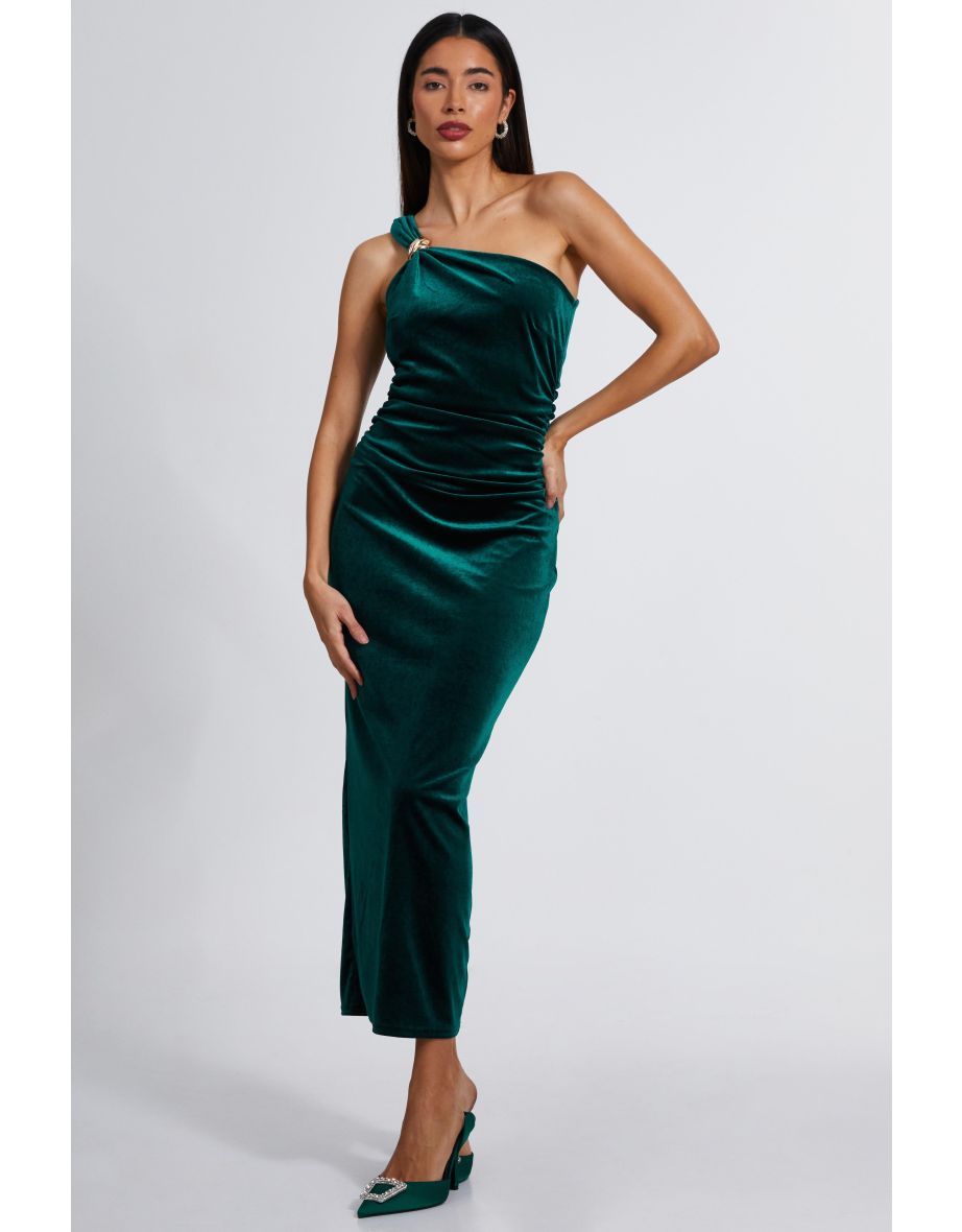 Bottle Green Velvet One Shoulder Midaxi Dress