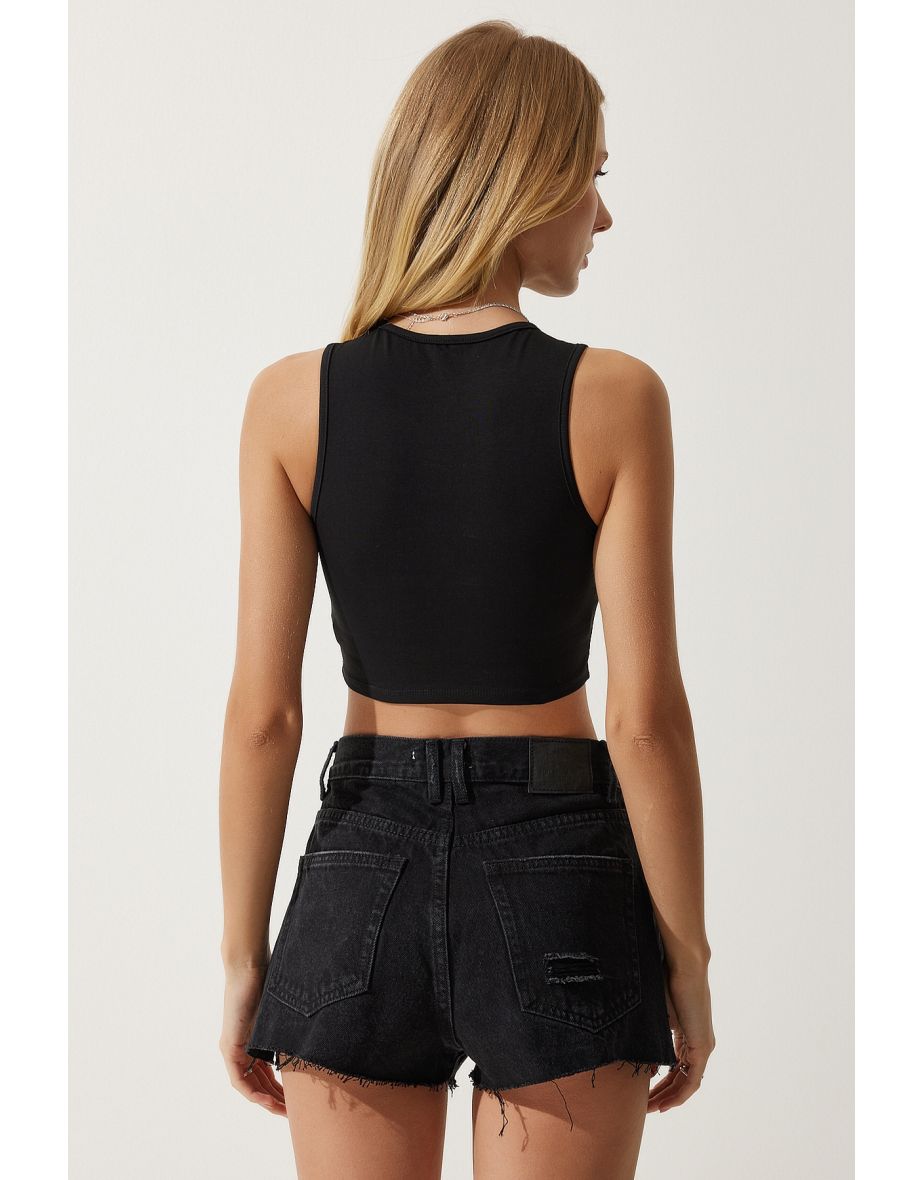 Women's Black Halter Neck Crop Knitted Blouse - 4