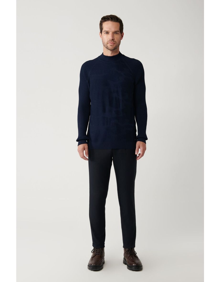 Men's Navy Blue Crew Neck Camouflage Patterned Rayon Knitwear Sweater