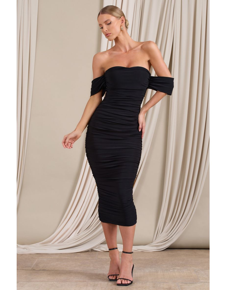 Lost For Words | Black Bardot Ruched Draped Midi Dress - 3
