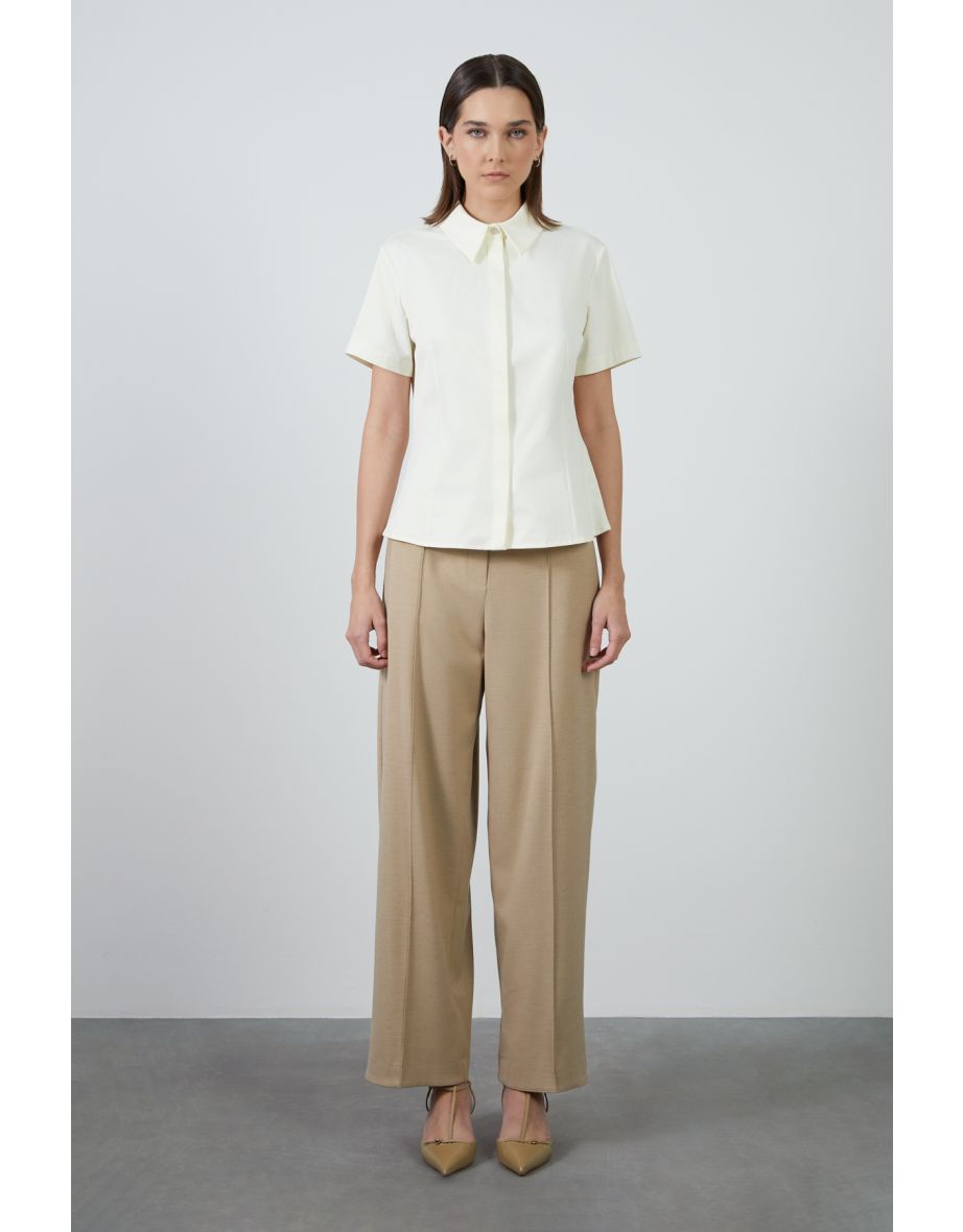 Ecru Shirt  With Hidden Buttons And Short Sleeves
