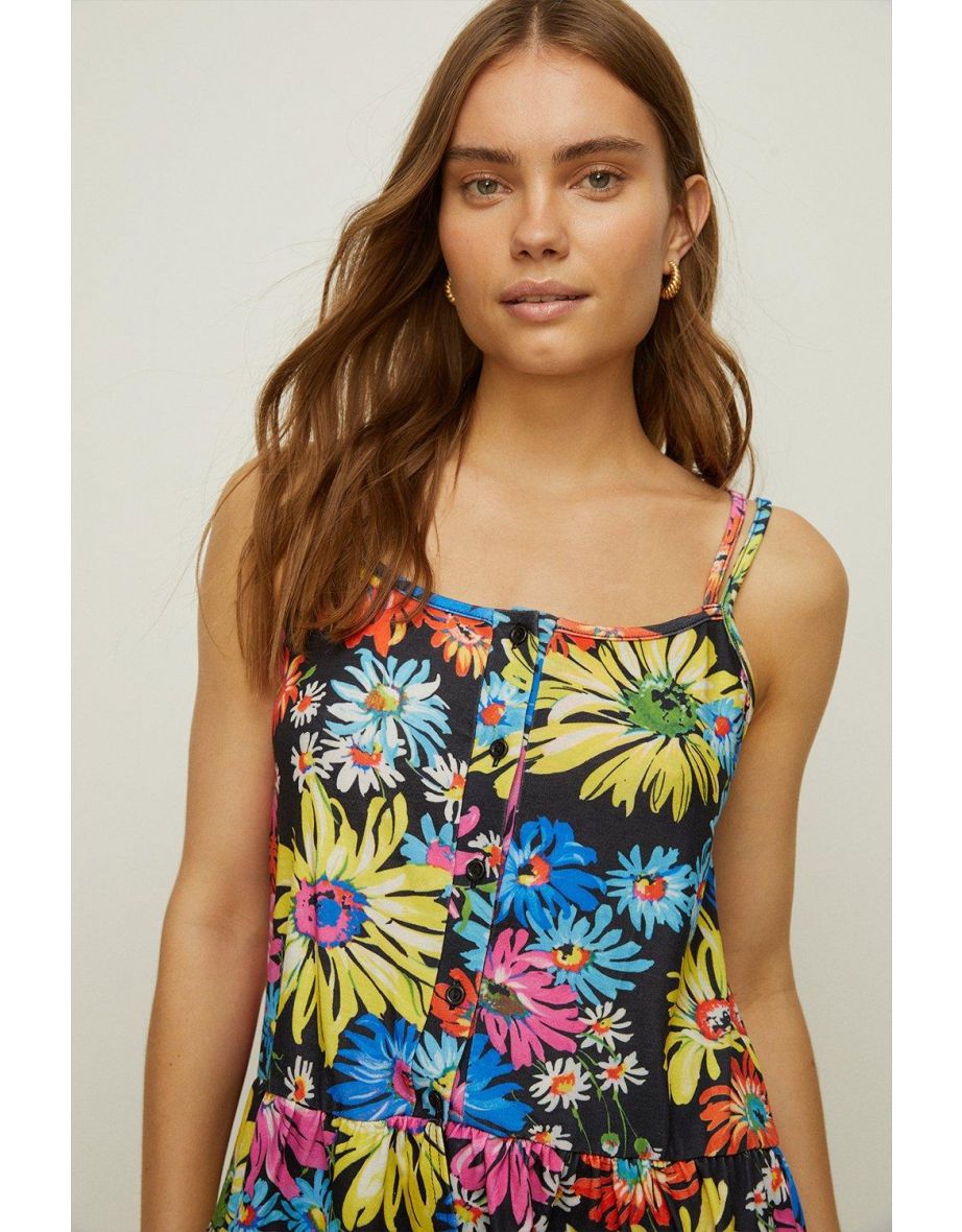 Floral Print Button Front Frill Hem Top