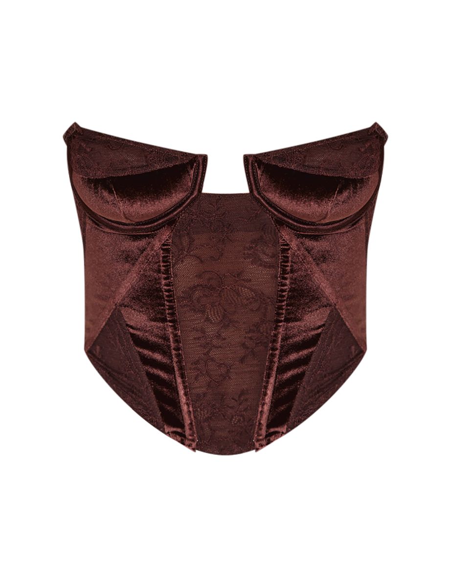 Petite Chocolate Bandeau Velvet Corset With Lace Details - 4
