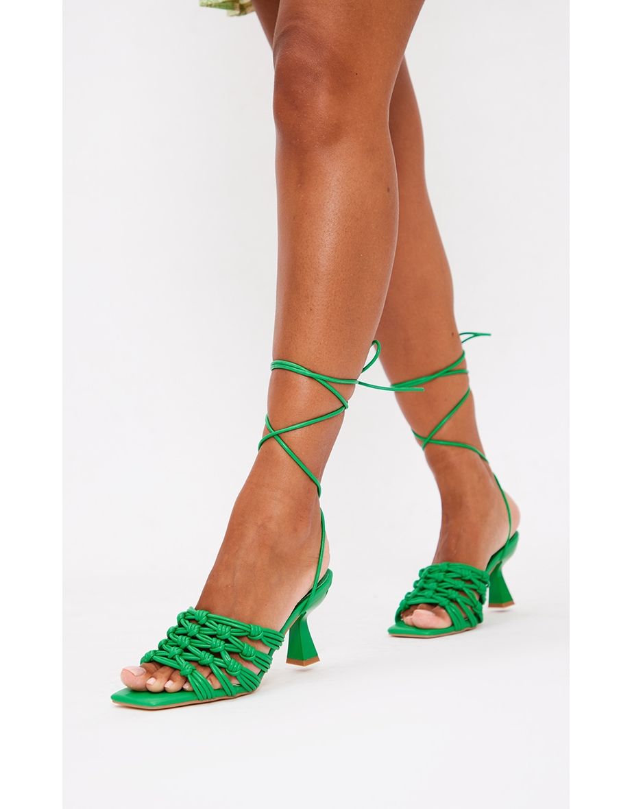 Green Pu Square Toe Knot Detail Low Heeled Mules - 3
