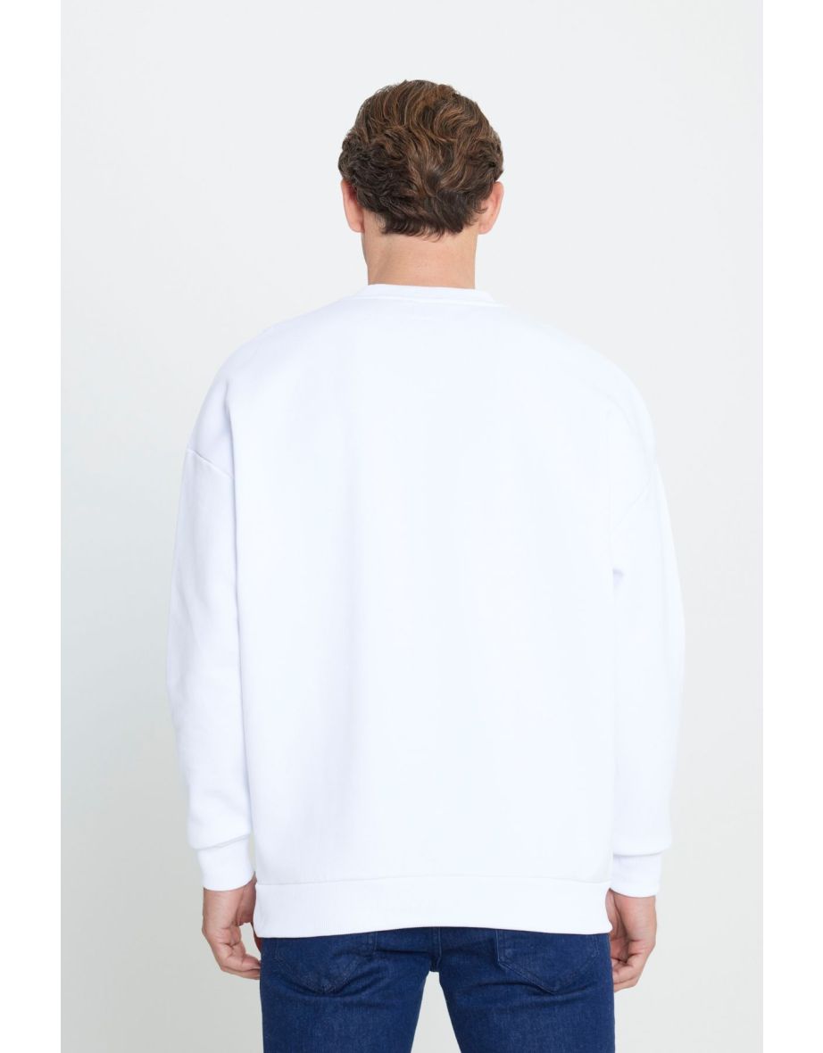 Men's White Oversize Fit Loose Fit Cotton Fleece Inner 3 Thread Crew Neck Sweatshirt - 4