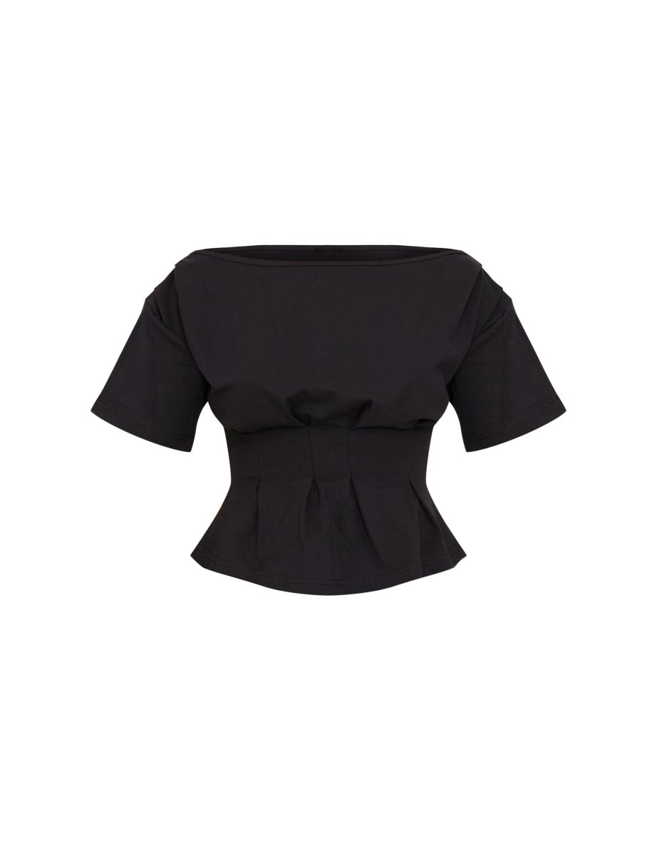 Black Cinched Waist Structured T Shirt - 4