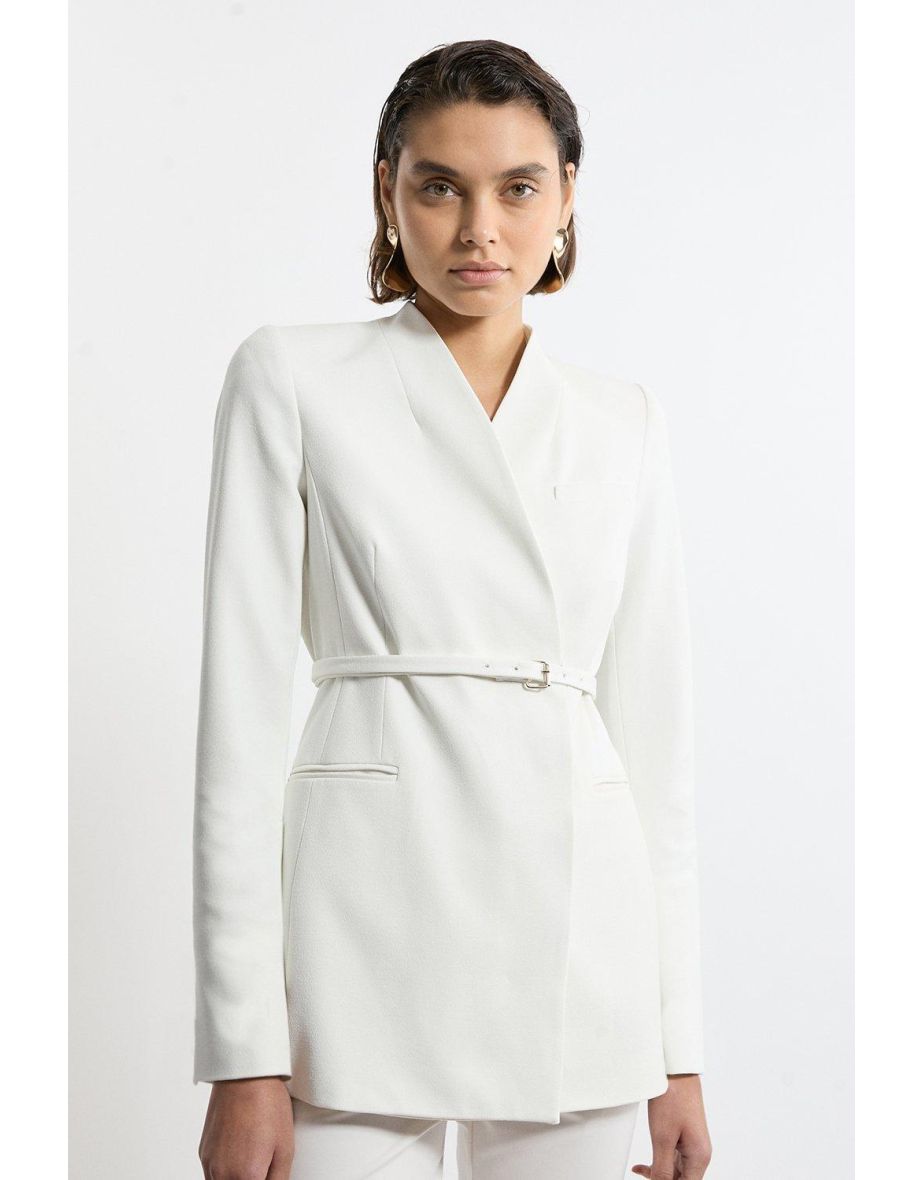 Structured Crepe Check Tailored Collarless Belted Blazer