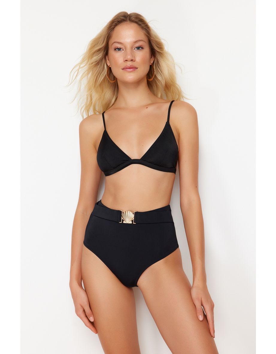 Black Flat High Waist Regular Bikini Bottom with Accessories