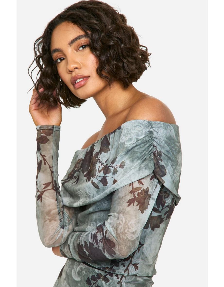 Tall Washed Floral Mesh Bardot and Maxi Skirt Co-ord - charcoal - 3