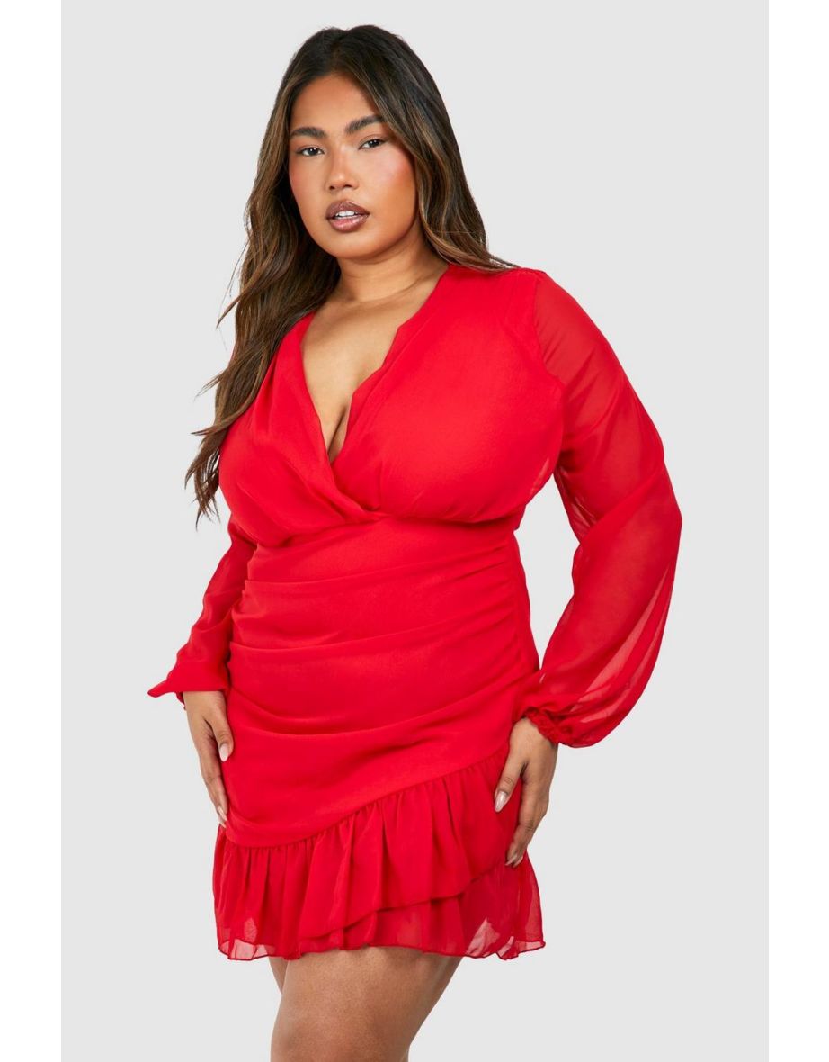 Plus Chiffon Ruffle Wrap Dress - red