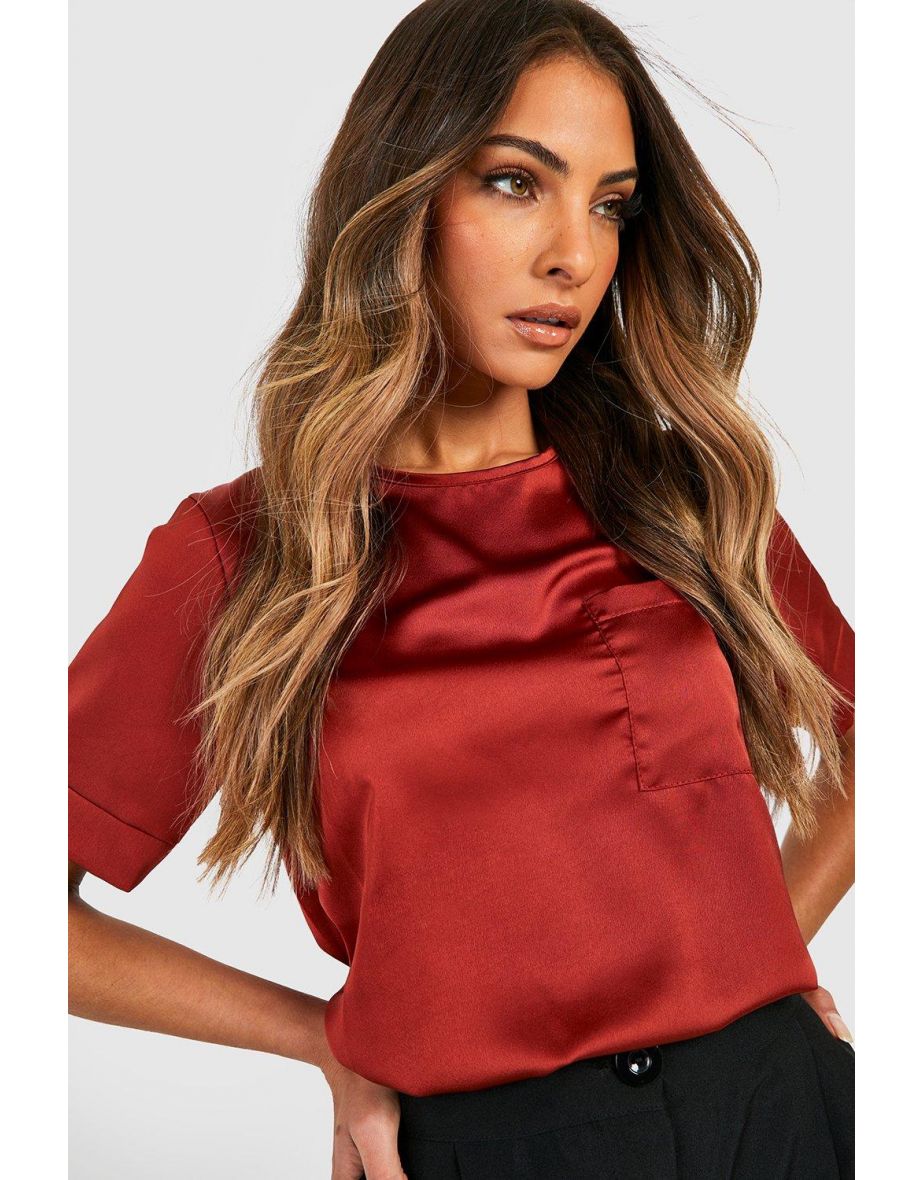 Basic Satin Pocket Detail Blouse - terracotta - 3