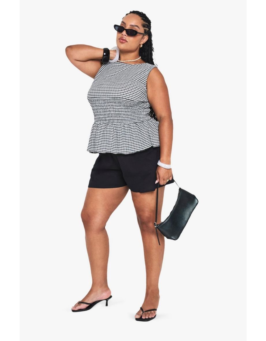 PLUS SHIRRED WAIST GINGHAM TOP - black