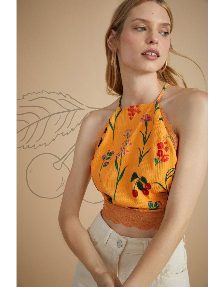 RHS Lace Trim Floral Printed Cross Back Top