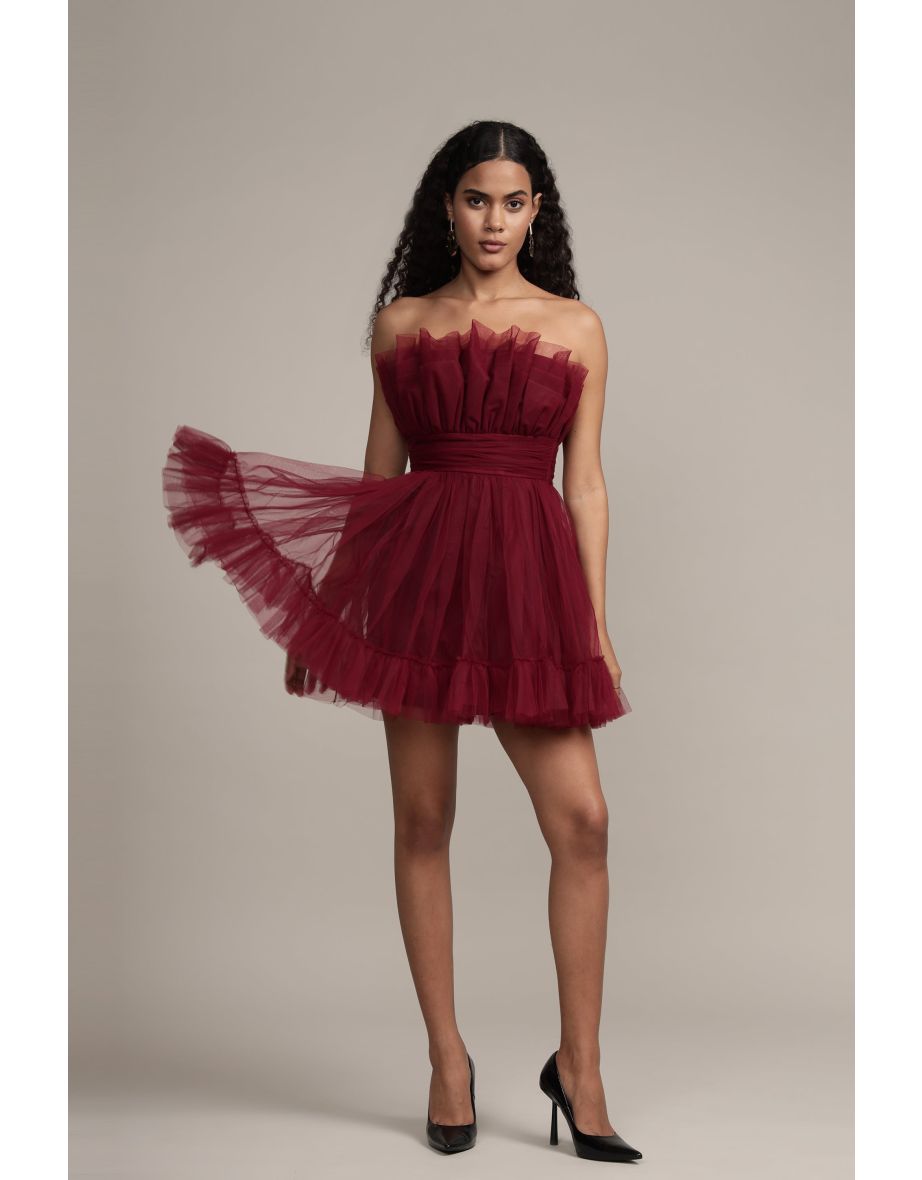 Caspian Tulle Mini Dress in Astro Red