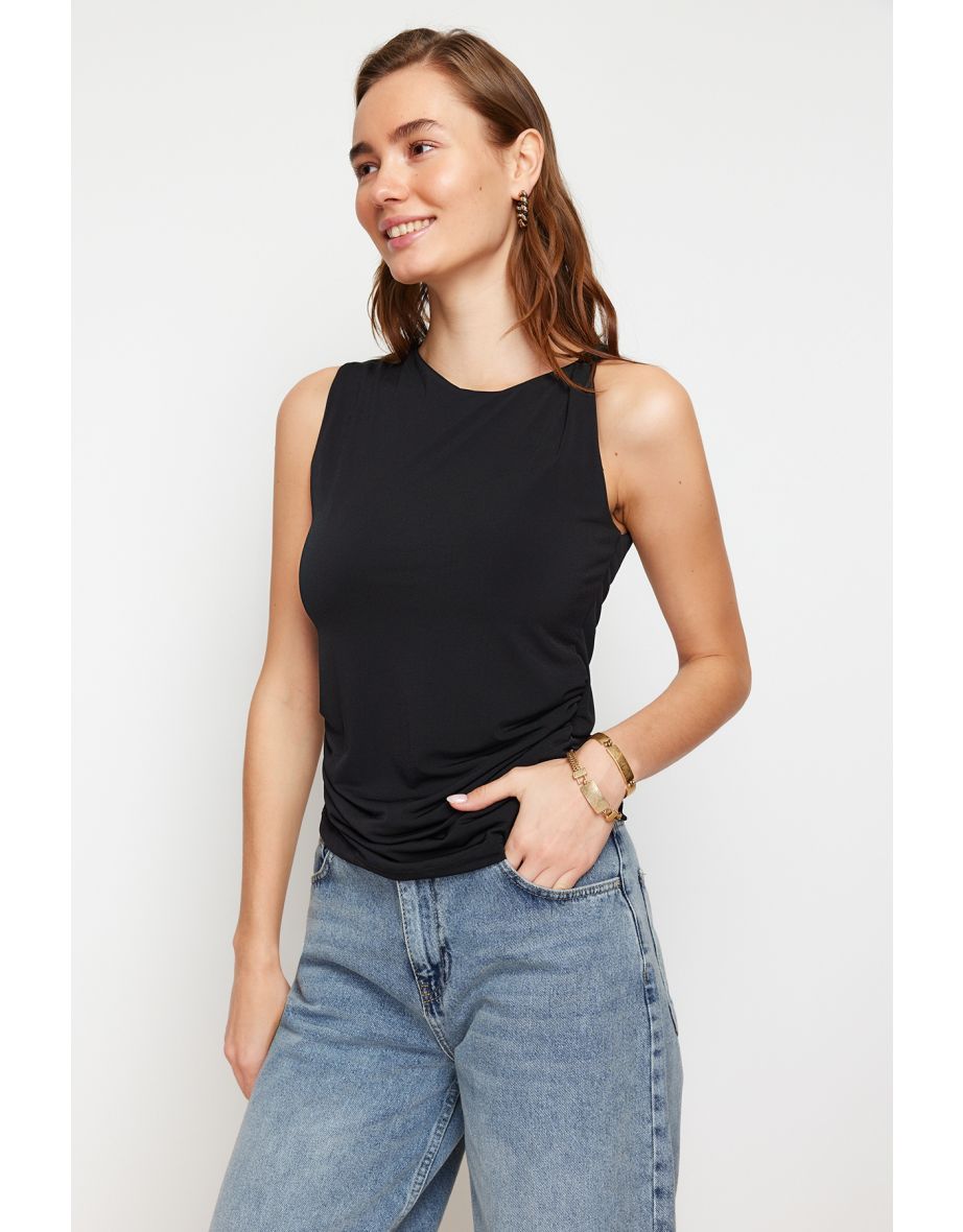 Black Fitted Asymmetrical Collar Stretchy Knitted Blouse