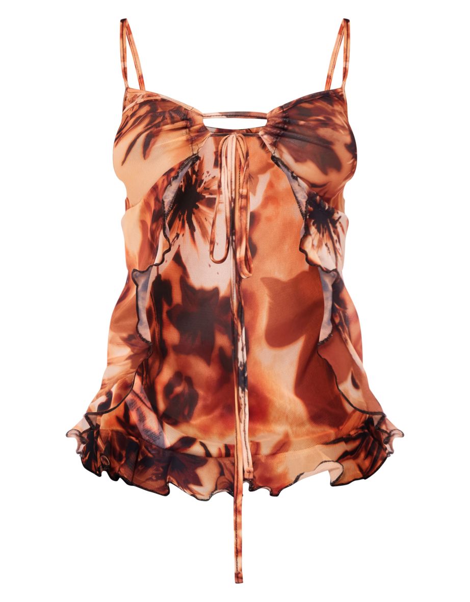 Orange Printed Ruched Front Split Hem Crop Top - 4