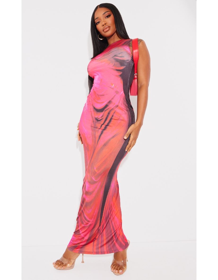 Red Column Maxi Dress with Abstract Prints