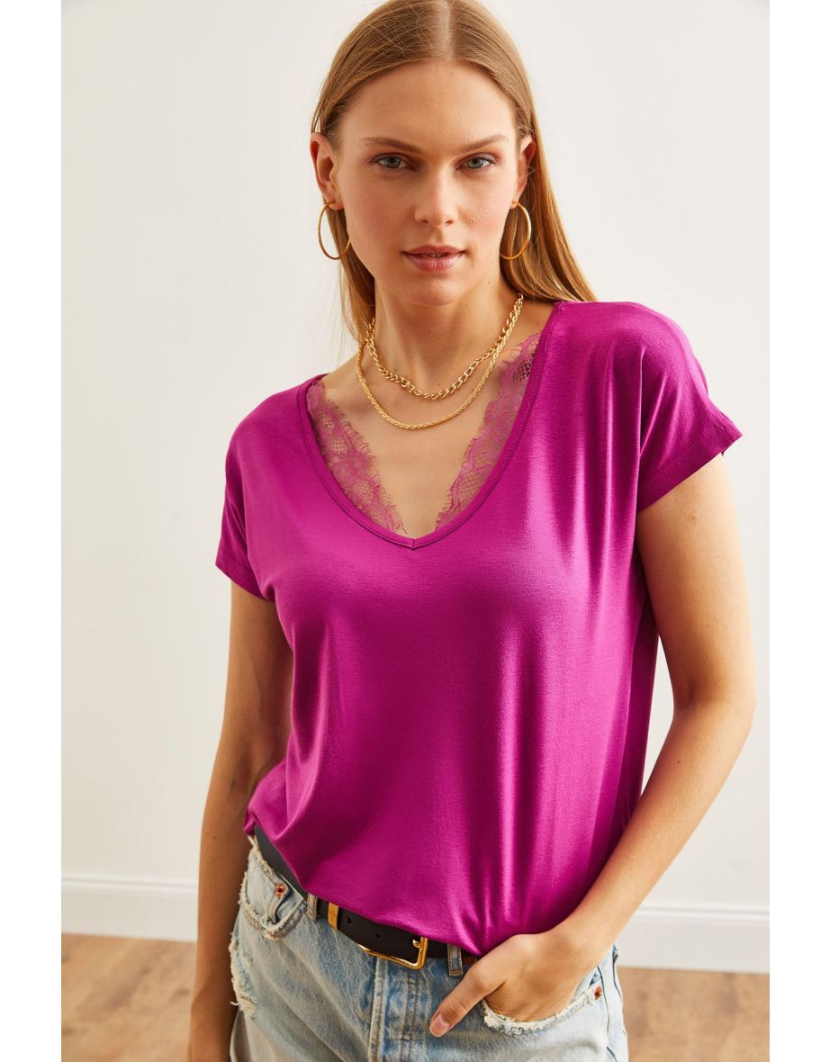Women's Purple Collar Lace Loose Viscose Blouse