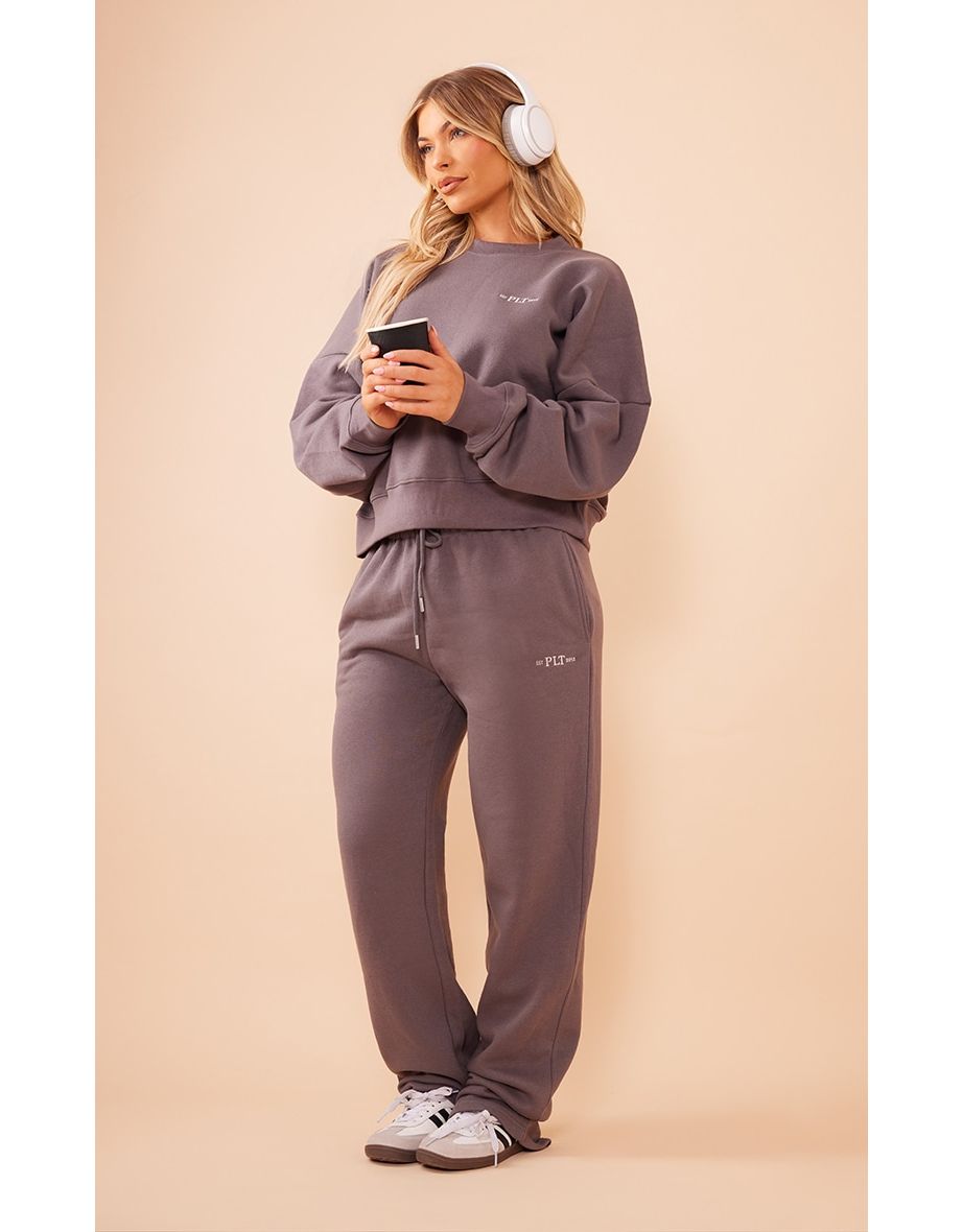PRETTYLITTLETHING Charcoal Est 2012 Embroidered Oversized Straight Leg  Joggers