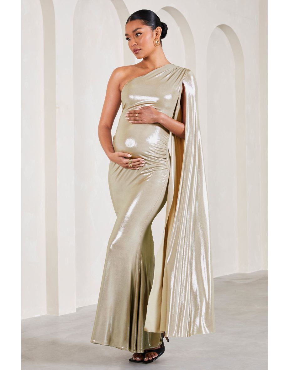 Amara | Gold Metallic One-Shoulder Maternity Maxi Dress With Cape - 4