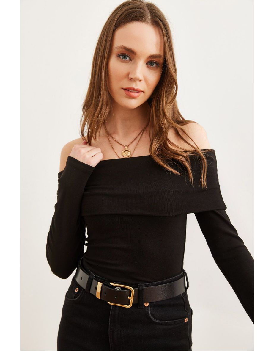 Women's Black Madonna Collar Soft Touch Flexible Top - 4