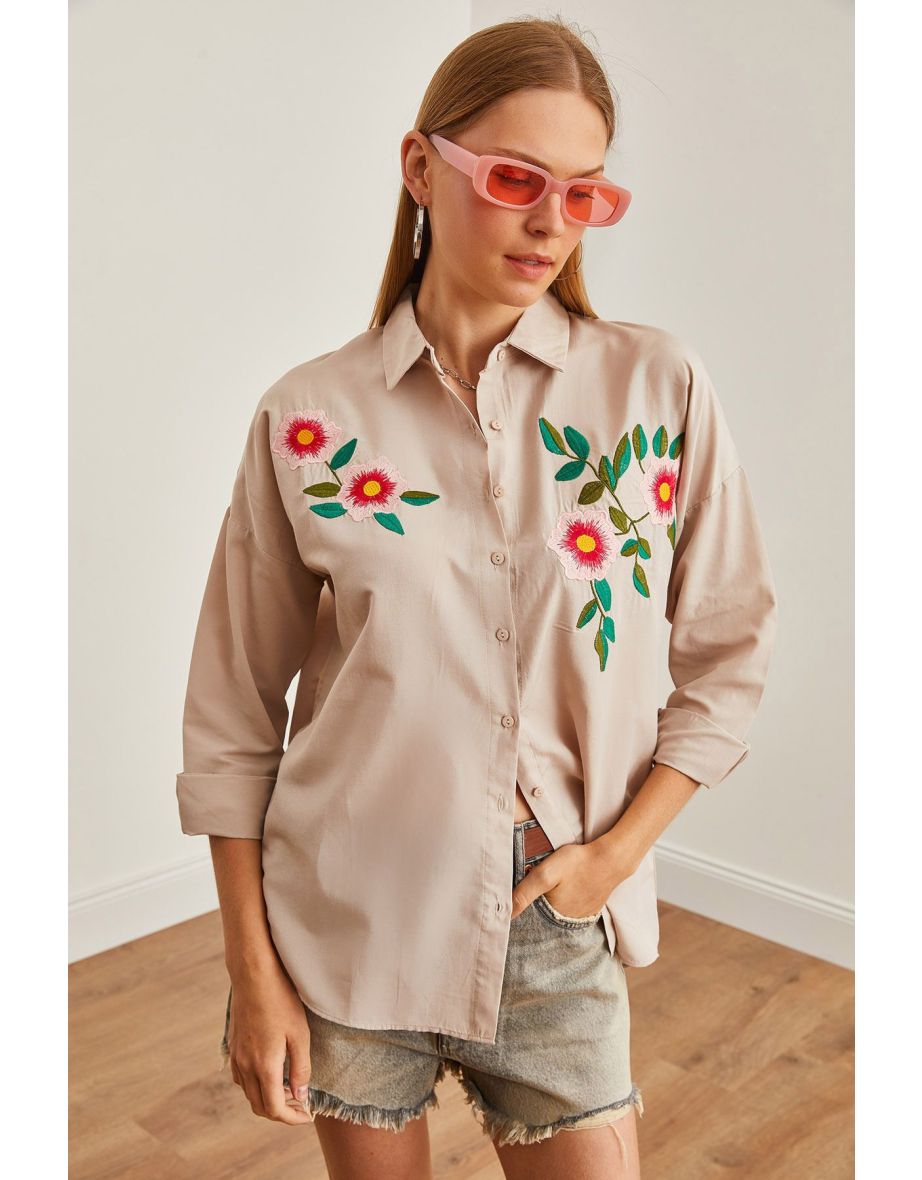 Women's Azalea Stone Embroidery Detailed Oversize Woven Shirt
