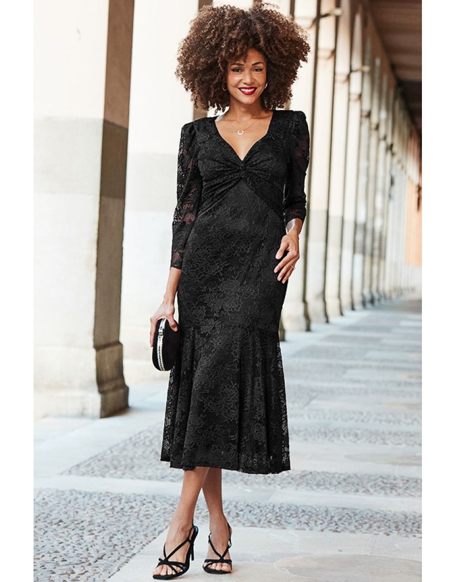 Black Lace Twist Front Midaxi Dress