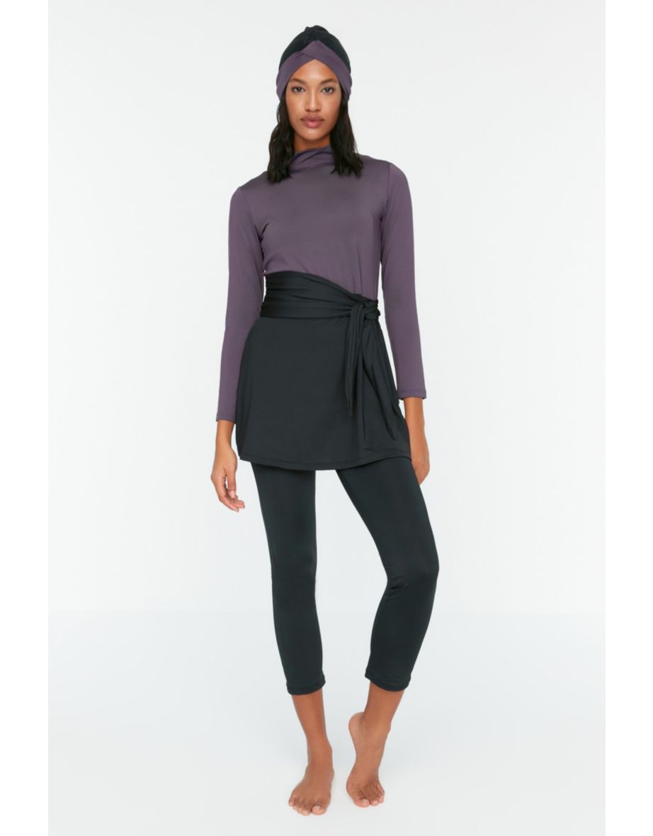 Gray Color Block Long Sleeve Knitted 4-Piece Swimsuit Set