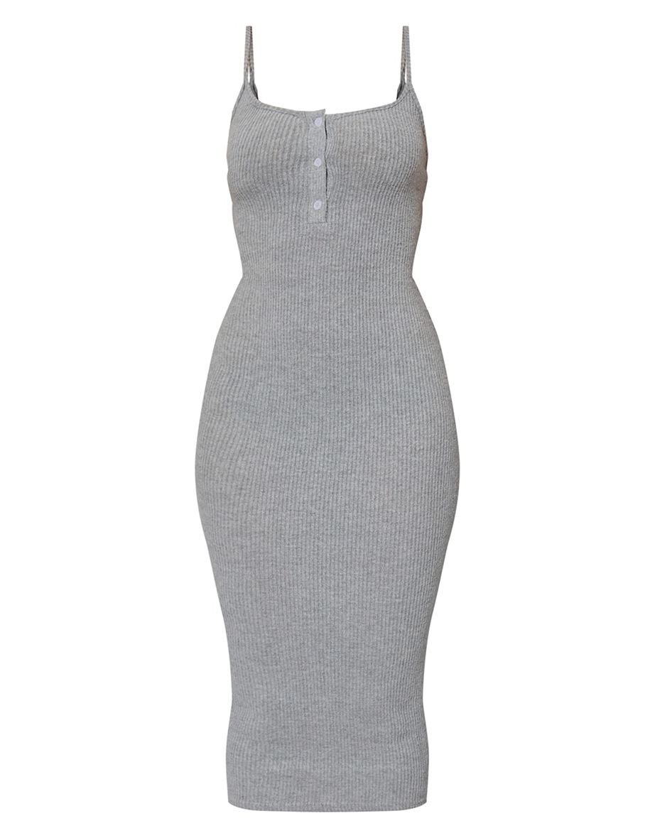 grey brushed rib button front midaxi dress