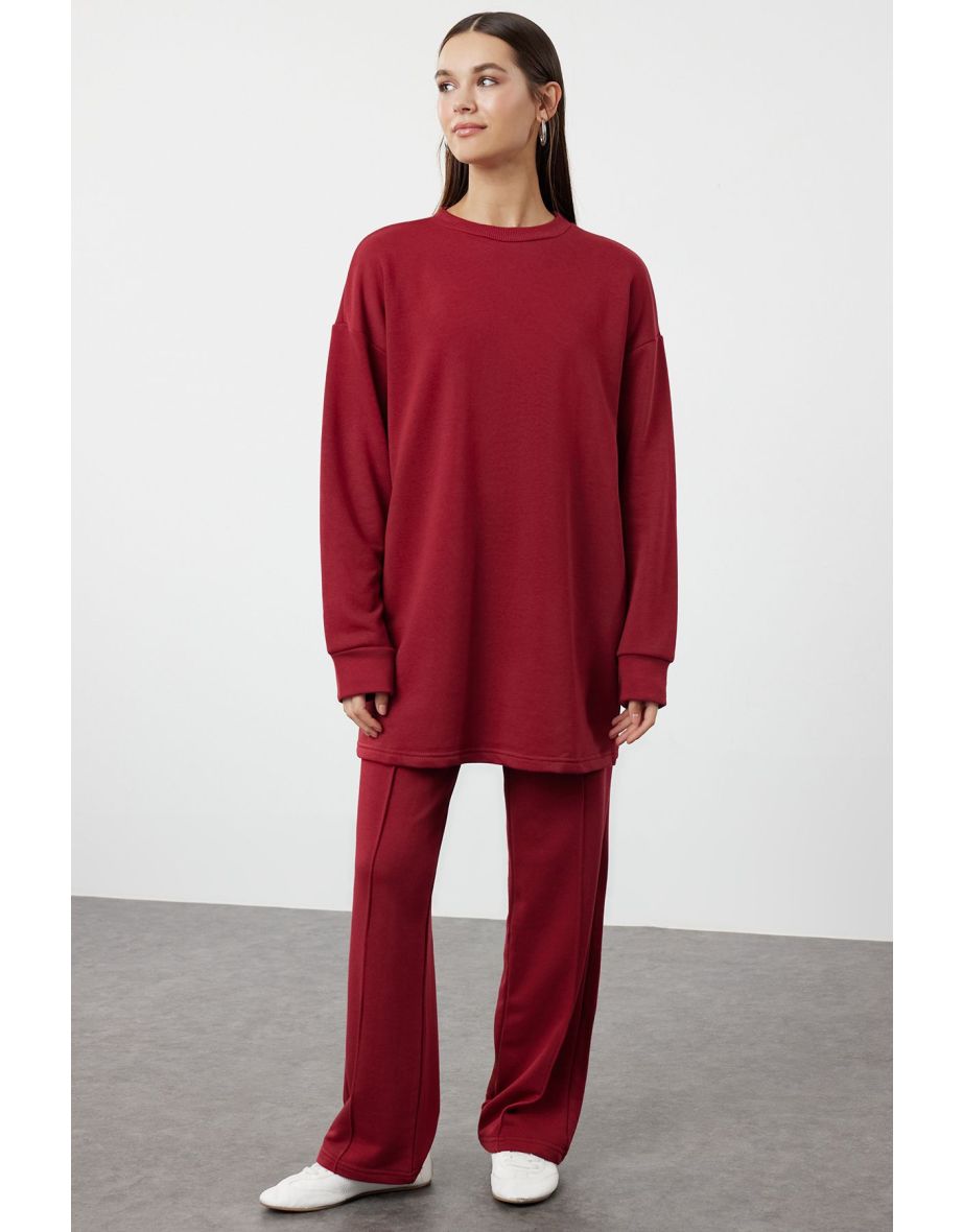 Brown Crew Neck Basic Knitted Tracksuit Set