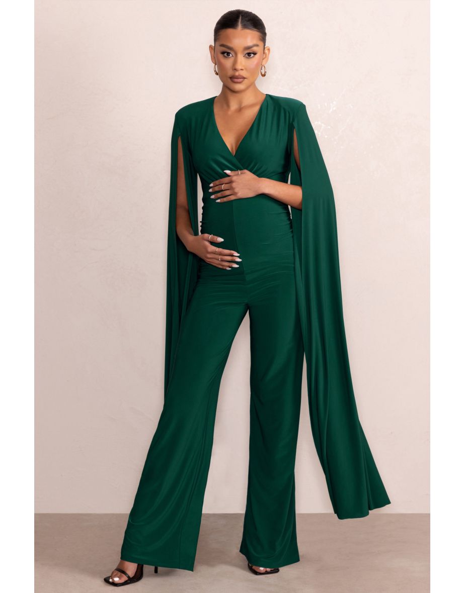 Triumph | Bottle Green Plunge Neck Maternity Jumpsuit with Cape Sleeves - 3
