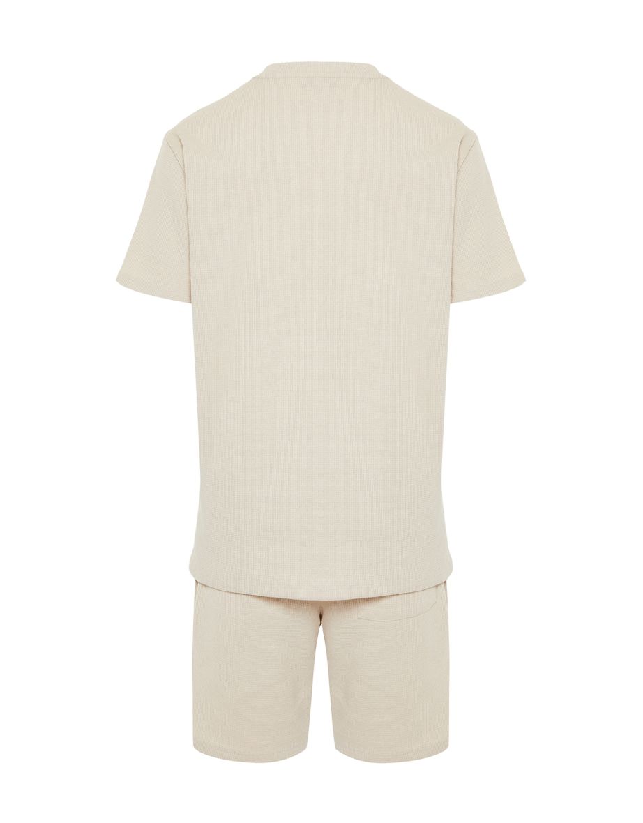 Men's Beige Regular Fit Waffle Knitted Pajama Set - 7
