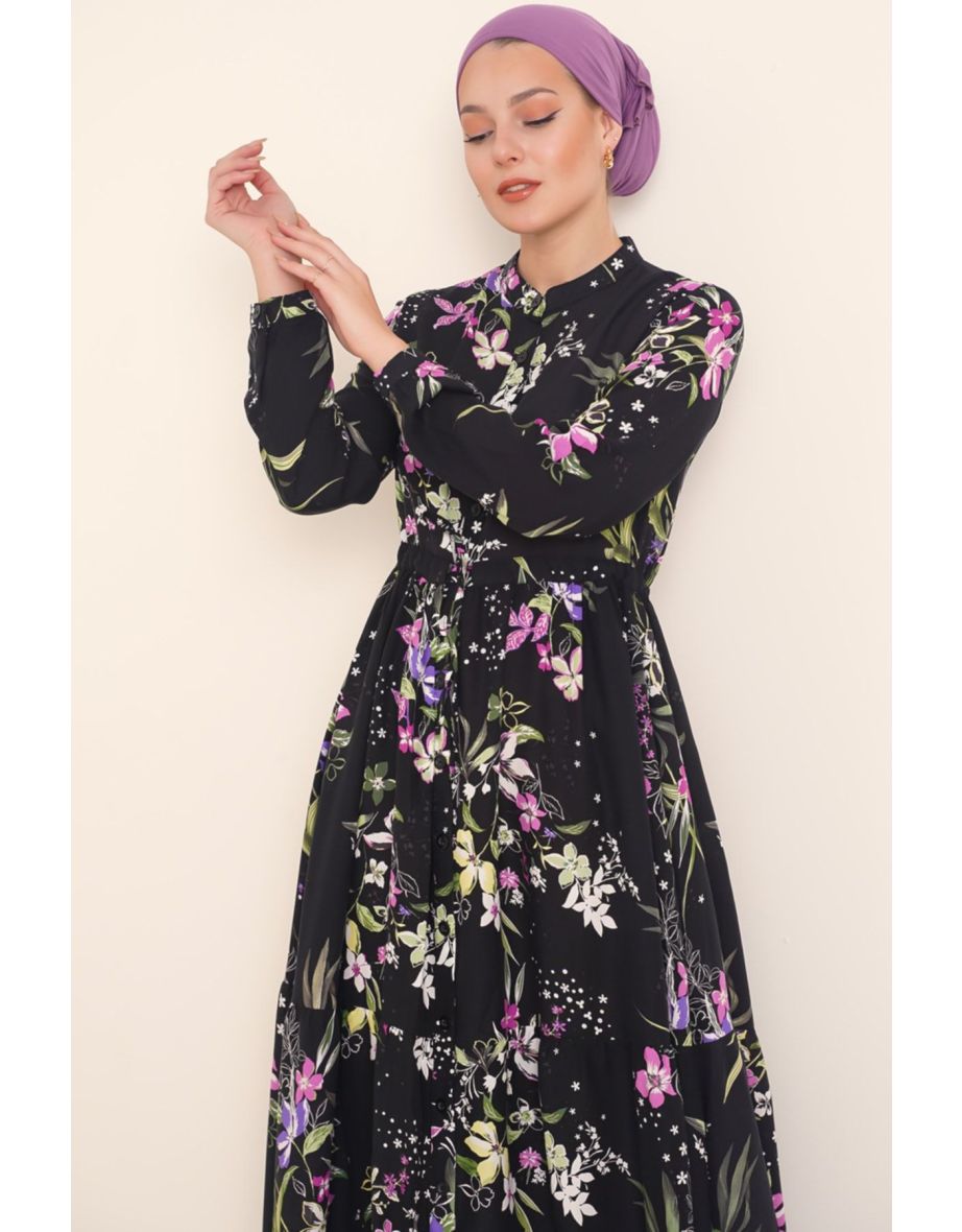 Black Patterned Collar Hijab Dress - 3