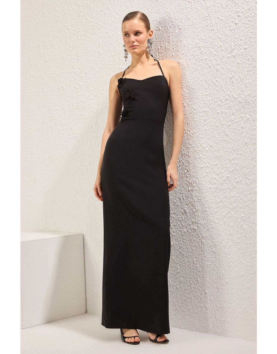 Black Rose Detail Woven Long Elegant Evening Dress & Graduation Dress