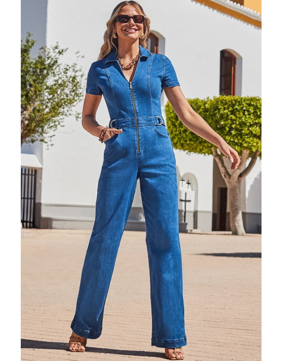 Indigo Blue Zip Front Wide Leg Denim Jumpsuit - 4