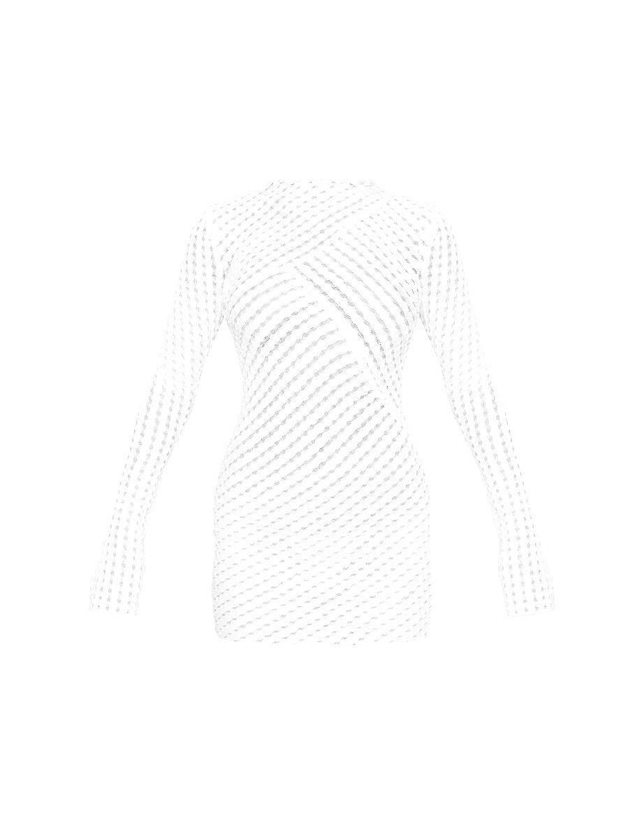 White Crinkle Texture Long Sleeve Bodycon Dress - 4