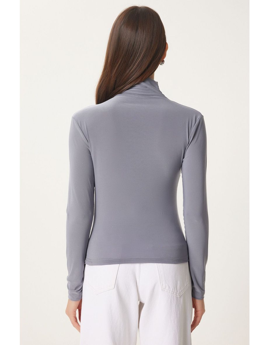 Women's Gray Drawstring Detail Stand Collar Sandy Top - 5