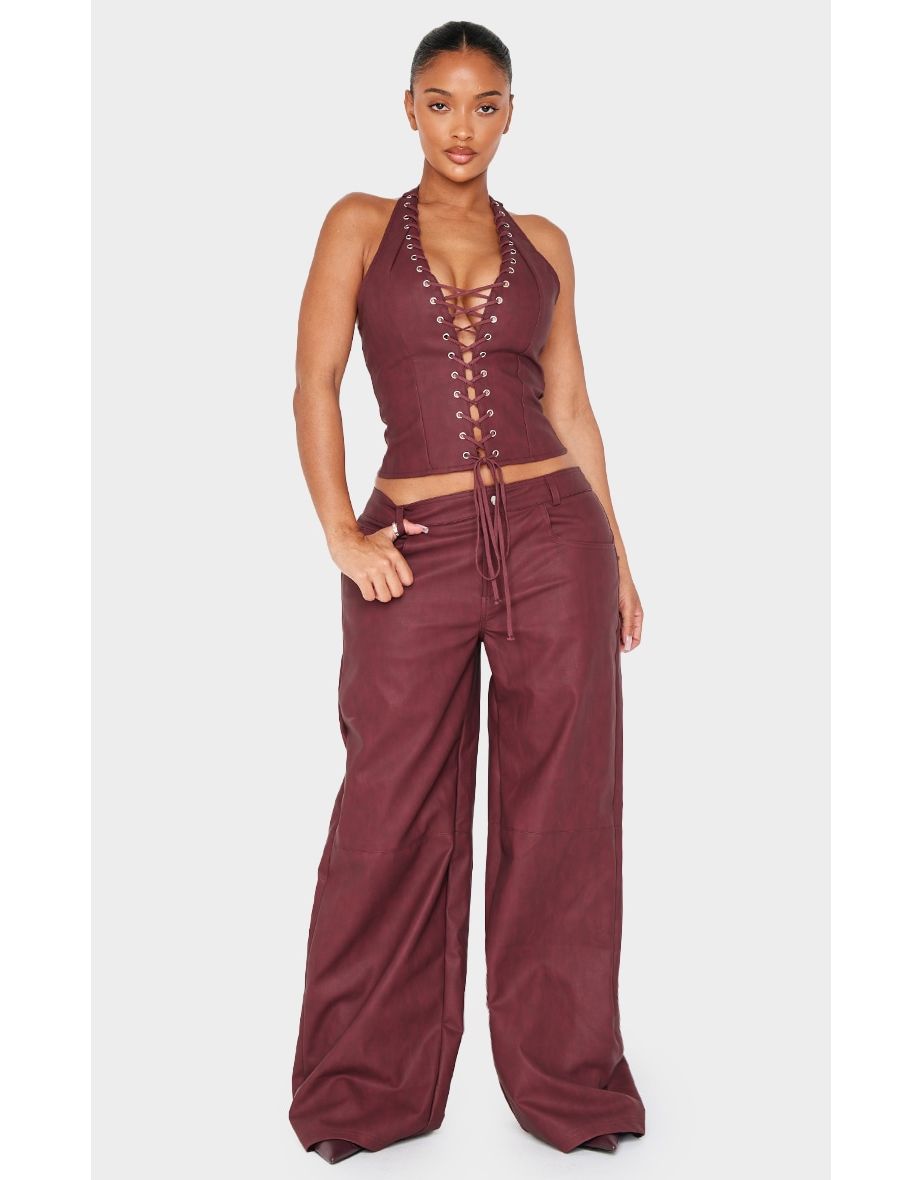 Shape Burgundy Washed Faux Leather Wide Leg Trousers