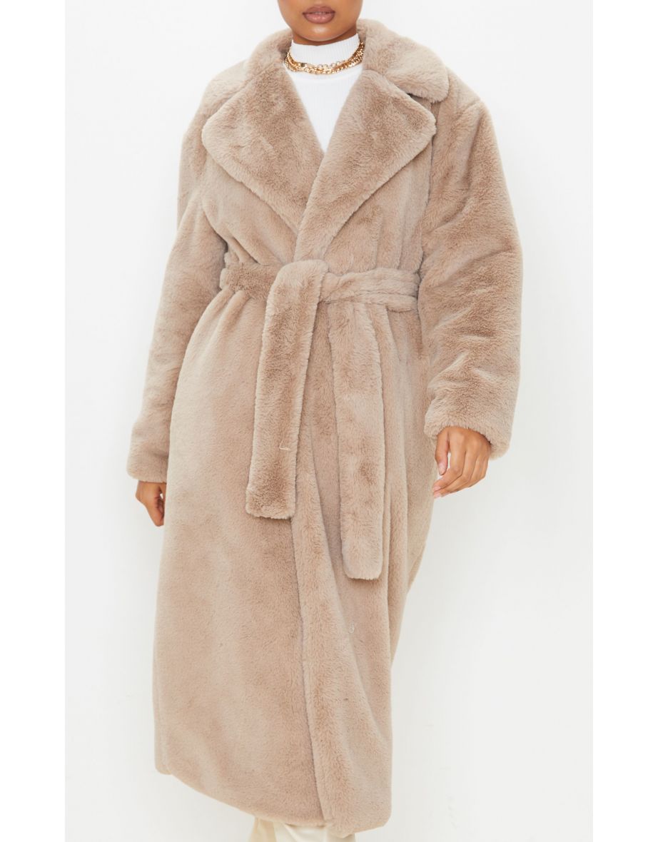 Taupe Belted Faux Fur Coat - 5