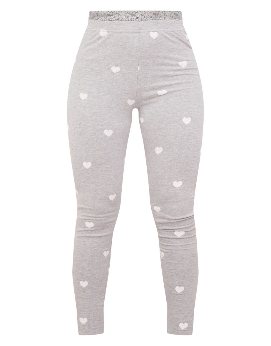 Grey Heart Print Jersey Lace Trim Pj Leggings - 4