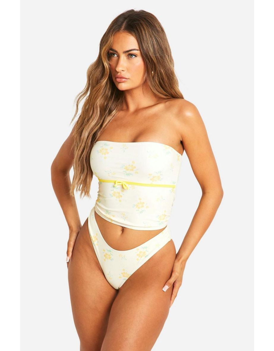 Ditsy Floral Longline Bandeau Bikini Set - lemon